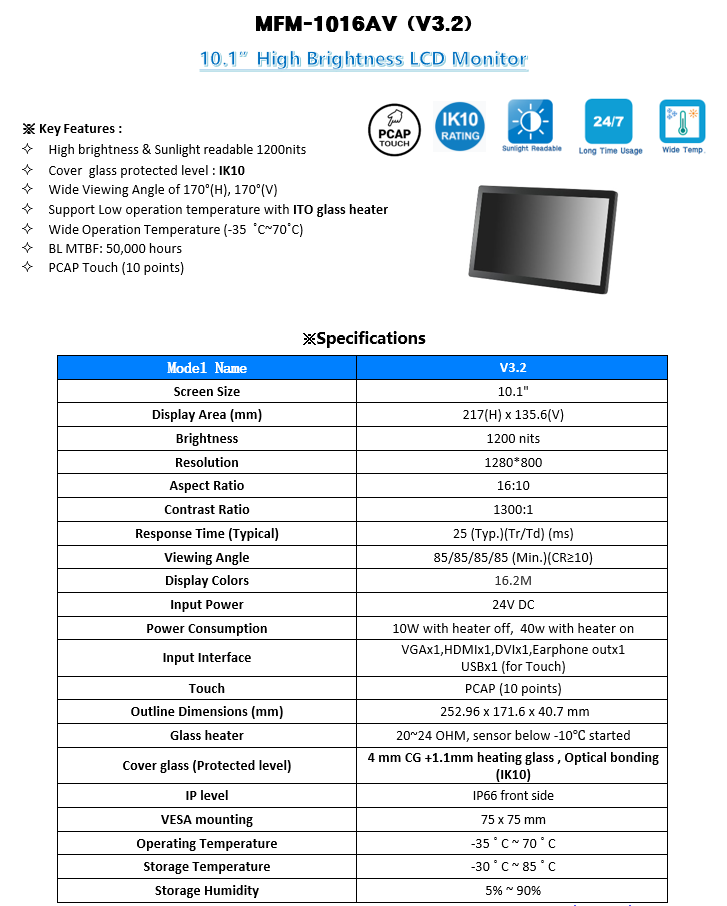 10.1”Sunlight Readable Wide Temperature LCD Monitor (CE) legacy image 1